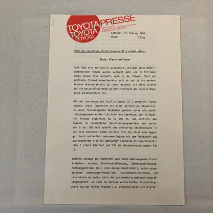 1989 Toyota Press Kit German Brochure Starlet Supra Carina Corolla Photos