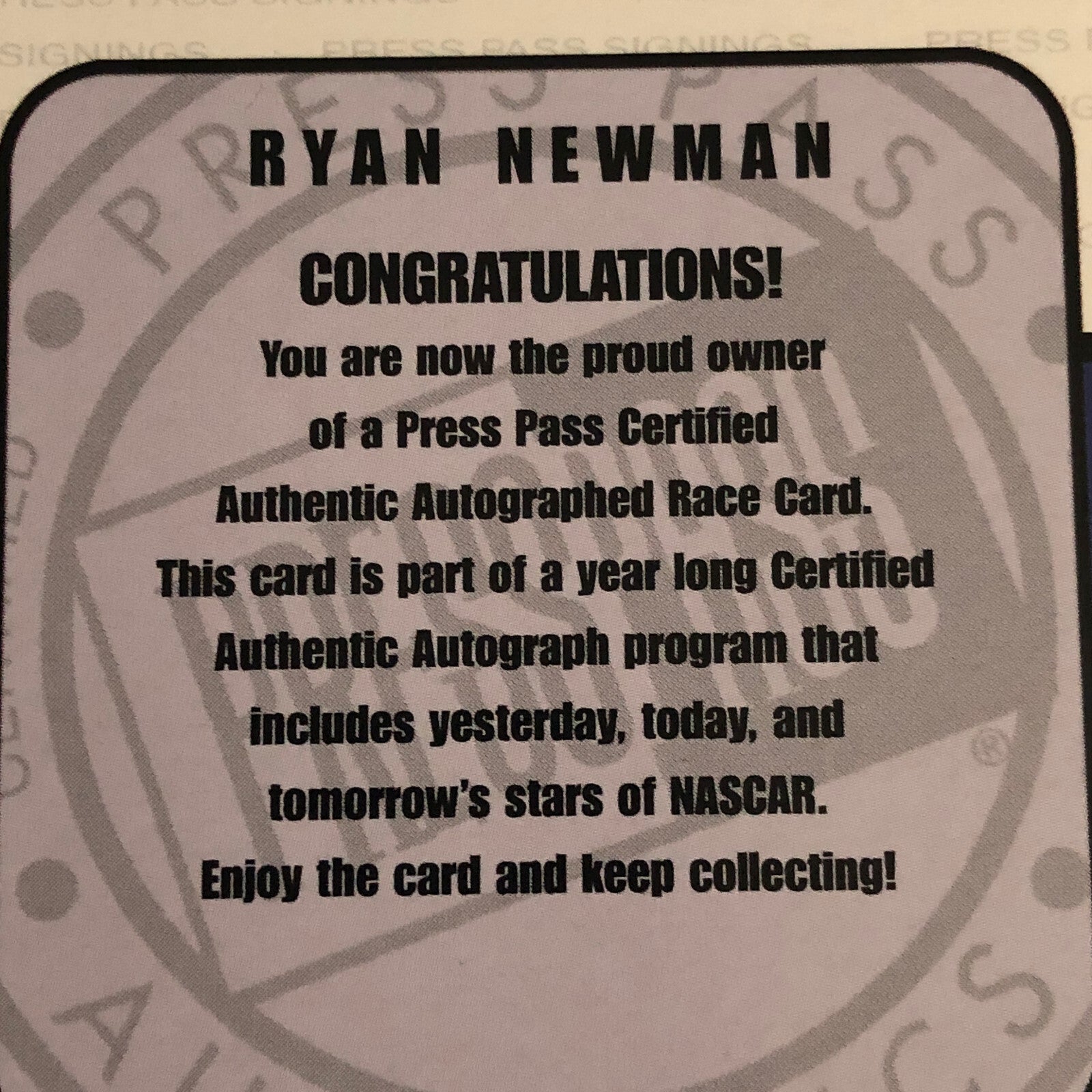 2001 2002 Press Pass Signings Ryan Newman Auto Signature Signed Card NASCAR