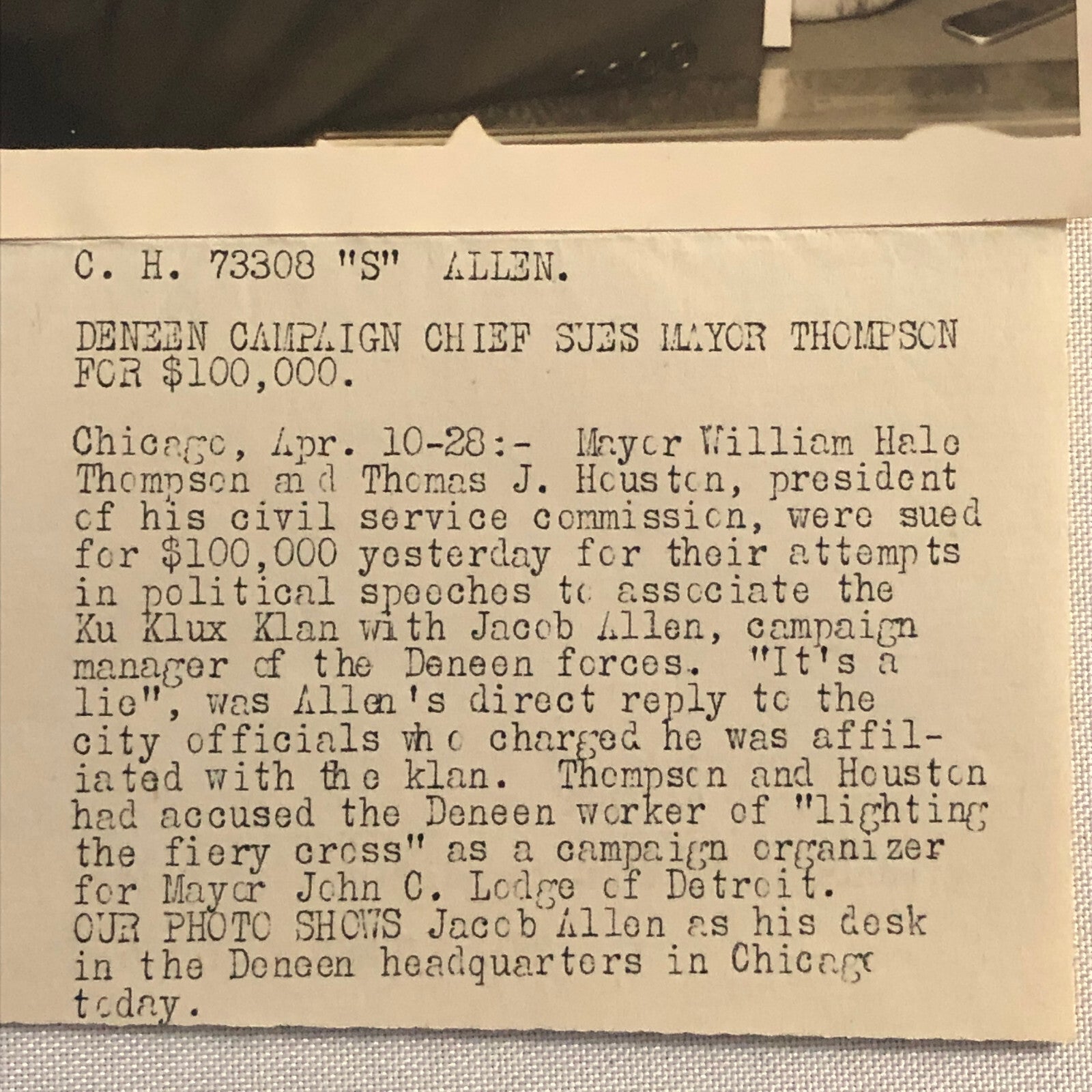 Press Photo Photograph Charles Deneen Capaign Sues for Defamation Chicago