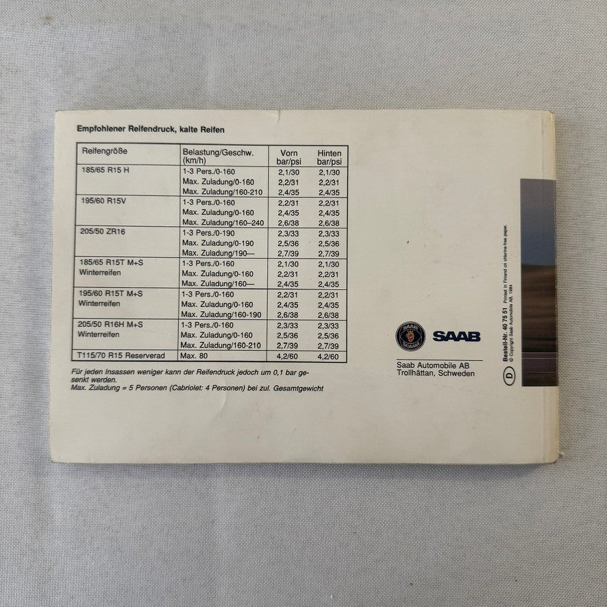 1995 Saab 900 Car Owners Manual Pouch GERMAN Text