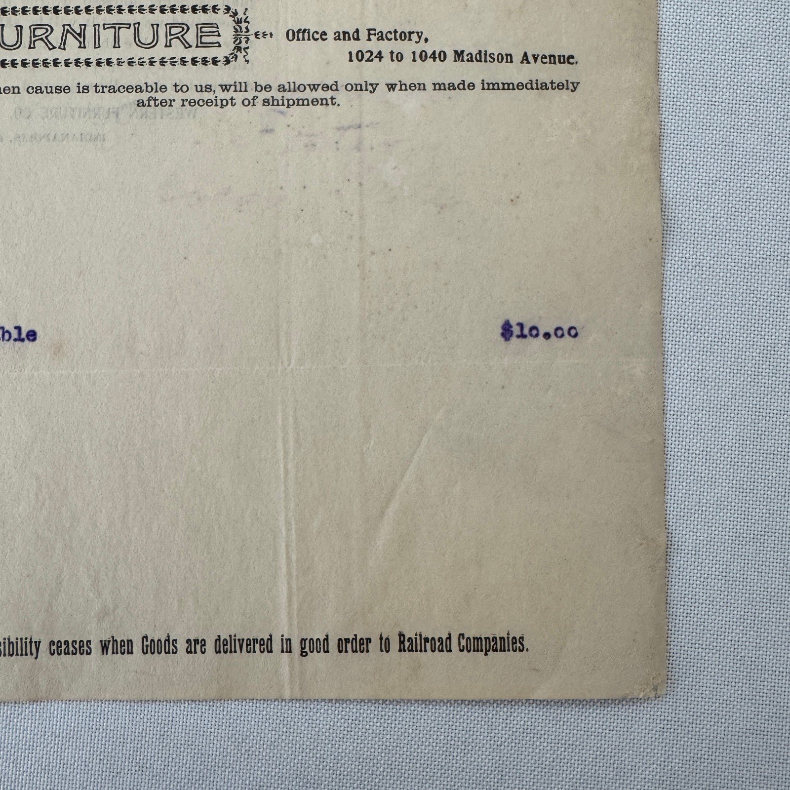 Western Furniture Company Receipt Invoice Document Letterhead 1908 Indianapolis