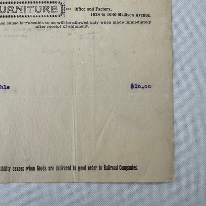 Western Furniture Company Receipt Invoice Document Letterhead 1908 Indianapolis