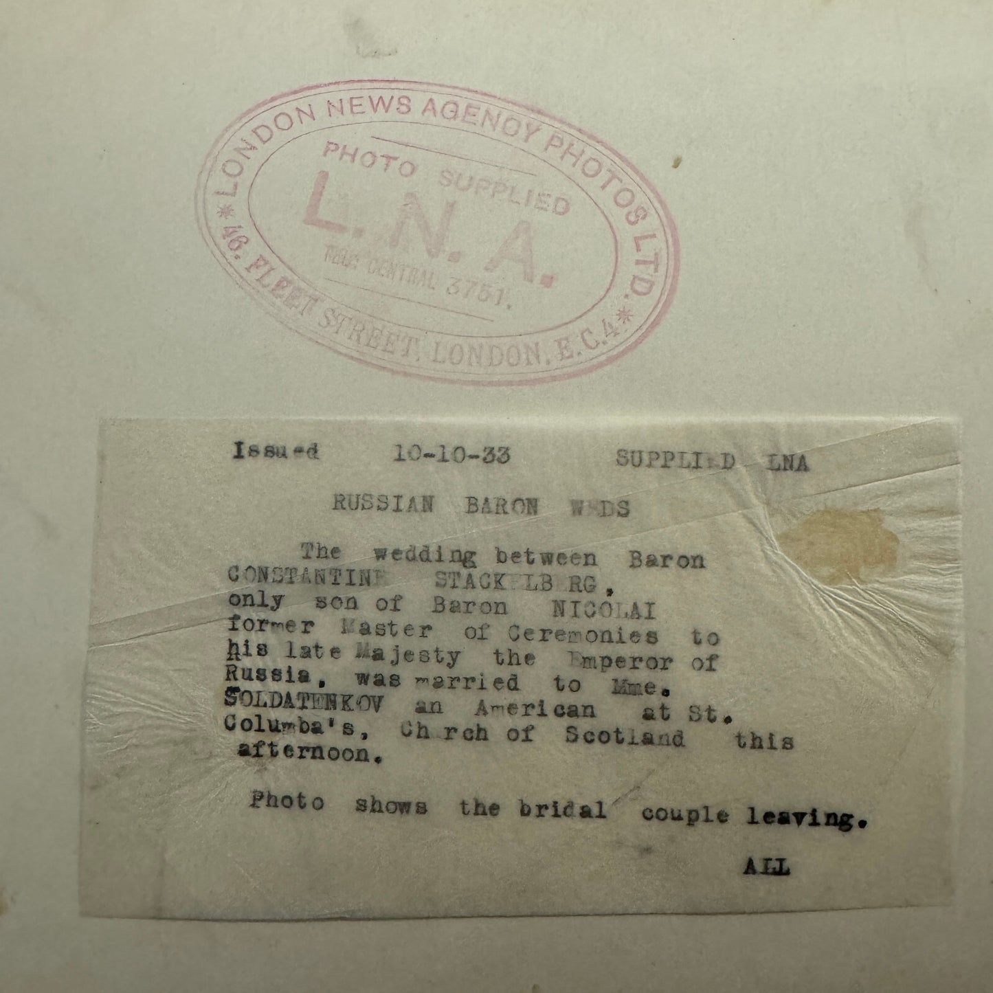 1933 Wedding Press Photo Photograph London News Son of Russian Baron Nicolai LNA