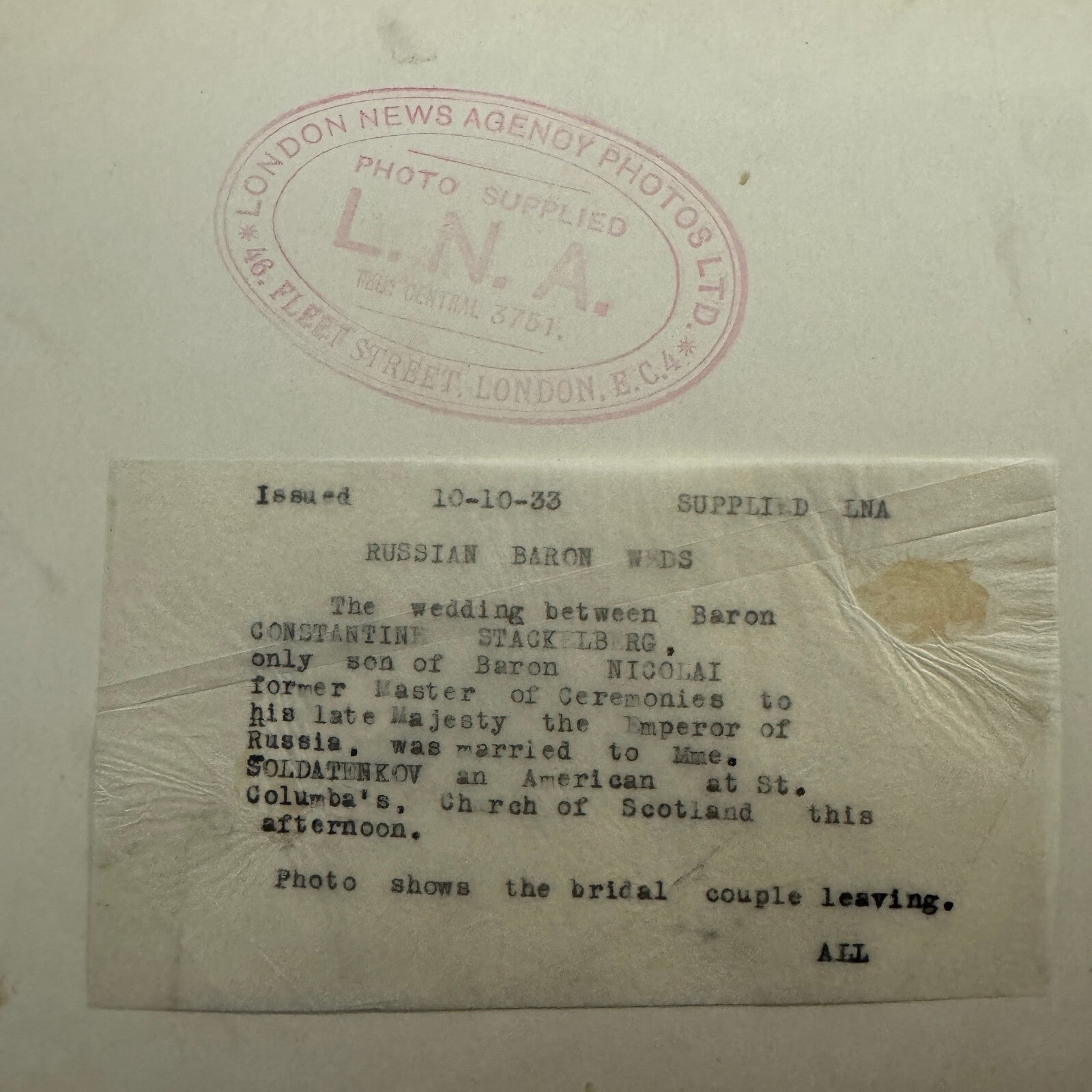 1933 Wedding Press Photo Photograph London News Son of Russian Baron Nicolai LNA