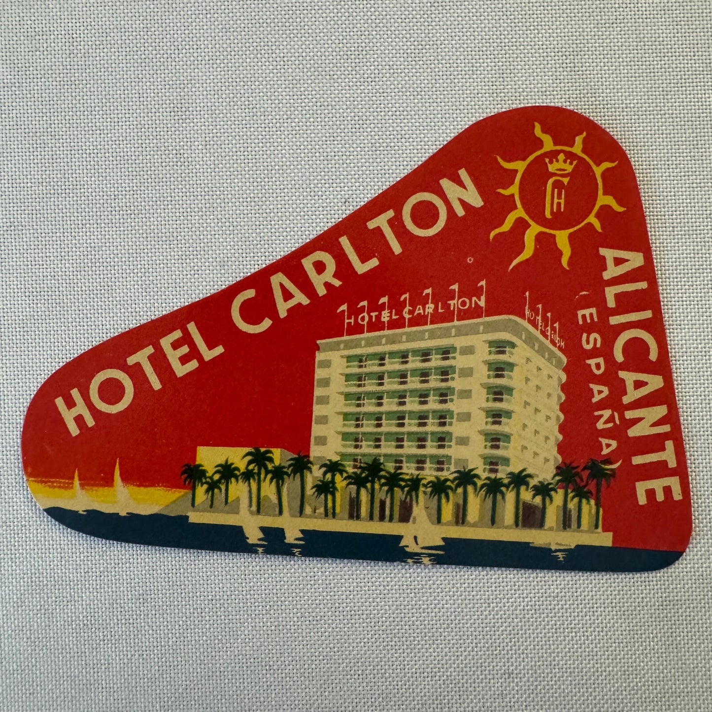 Vintage Hotel Travel Luggage Label Alicante Spain Espana Hotel Carlton