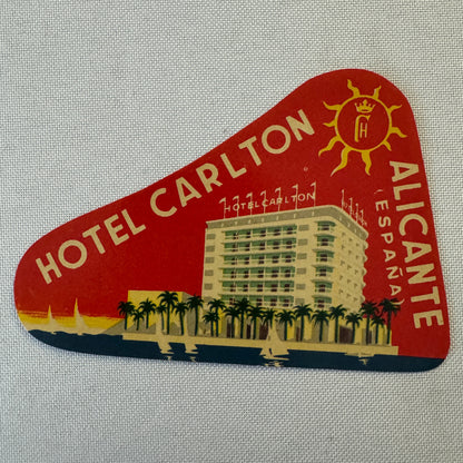 Vintage Hotel Travel Luggage Label Alicante Spain Espana Hotel Carlton