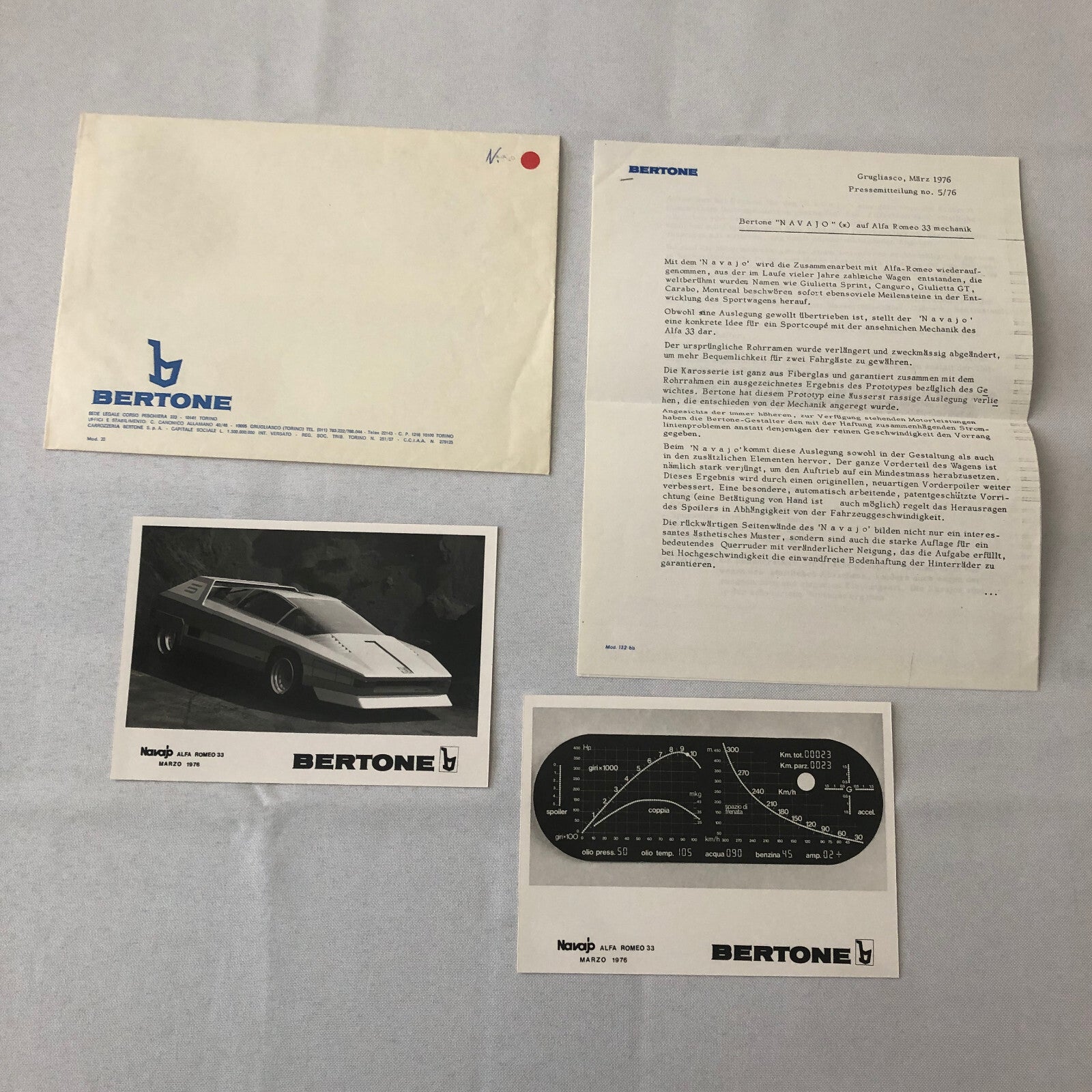 1976 Bertone Alfa Romeo 33 Navajo Concept Car Prototype Press Kit with Photos