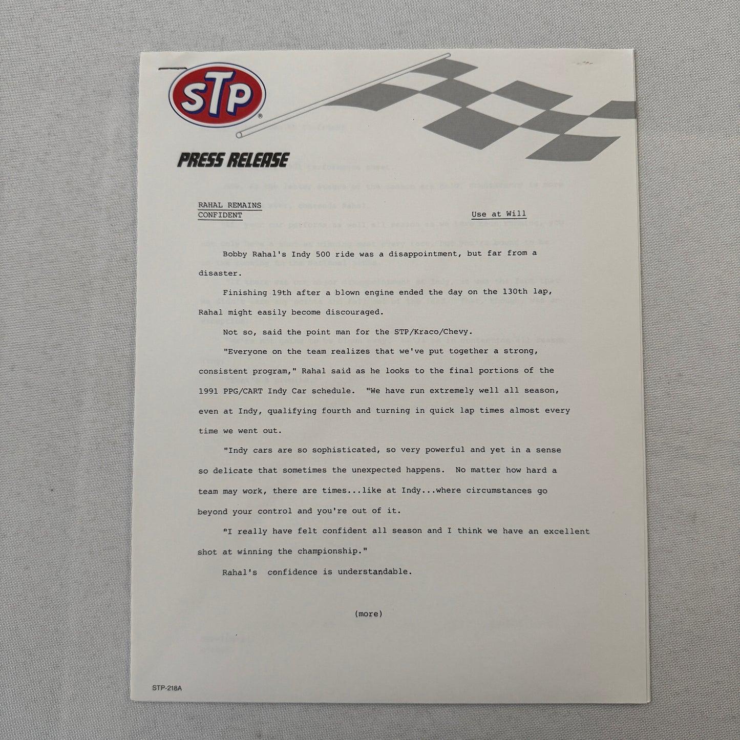 STP Racing Bobby Rahal Kraco Chevy Chevrolet CART PPG Racing Press Kit Brochure
