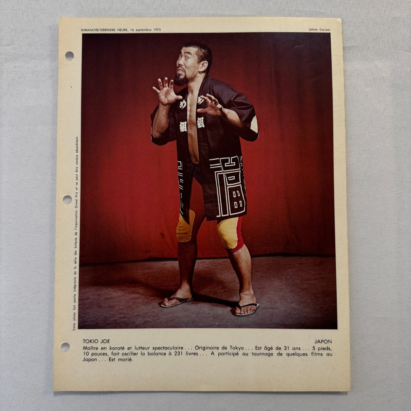 Vintage Wrestling Print Insert Tokio Joe Tokyo Joe Quebec French 1973