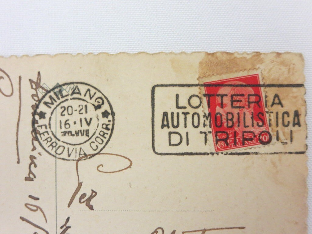 Vintage Italian Souvenir Postcard w/ Lotteria Automobilistica di Tripoli Milan