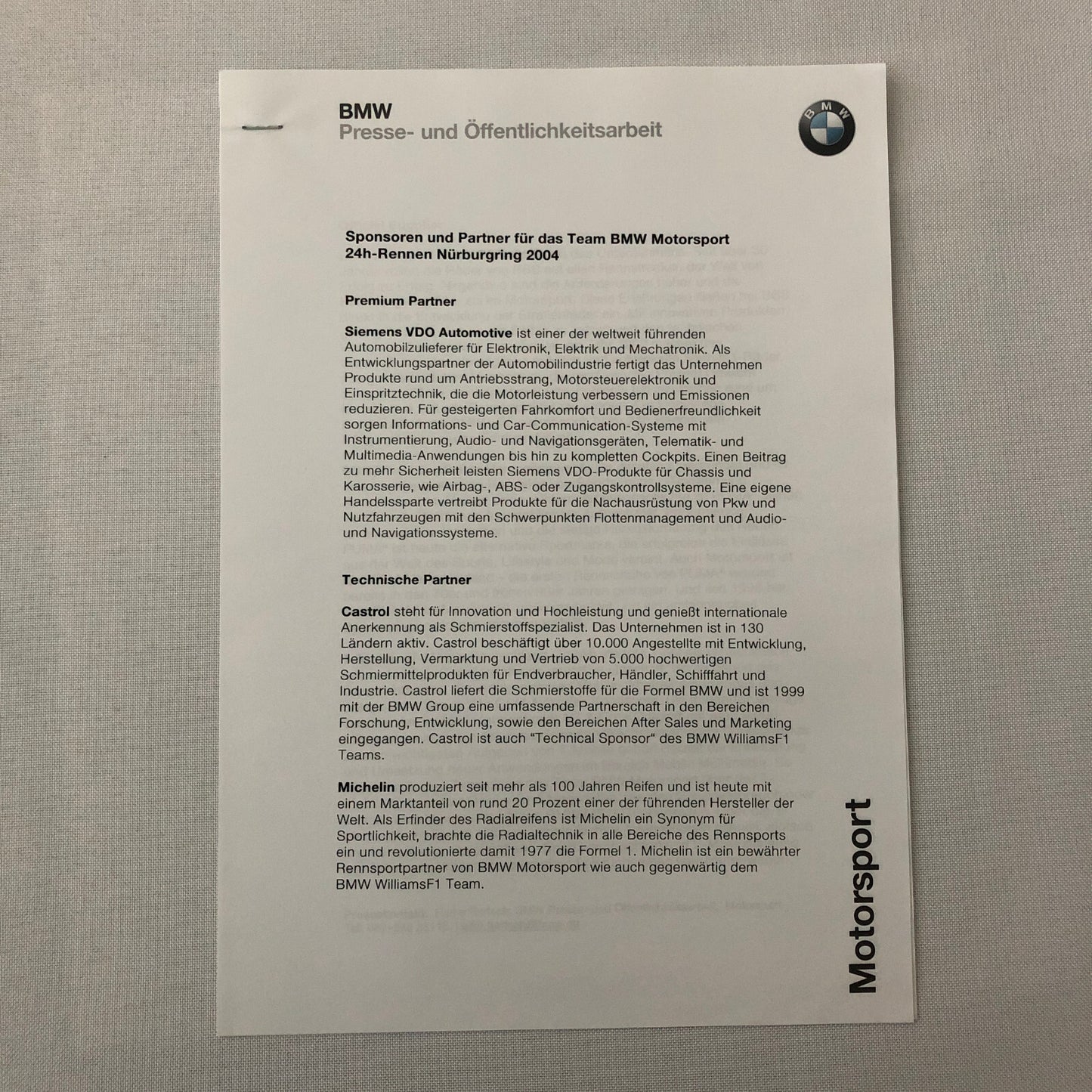 2004 BMW 24 Hour Rennen Nurburgring Race Racing Press Kit Brochure GERMAN 