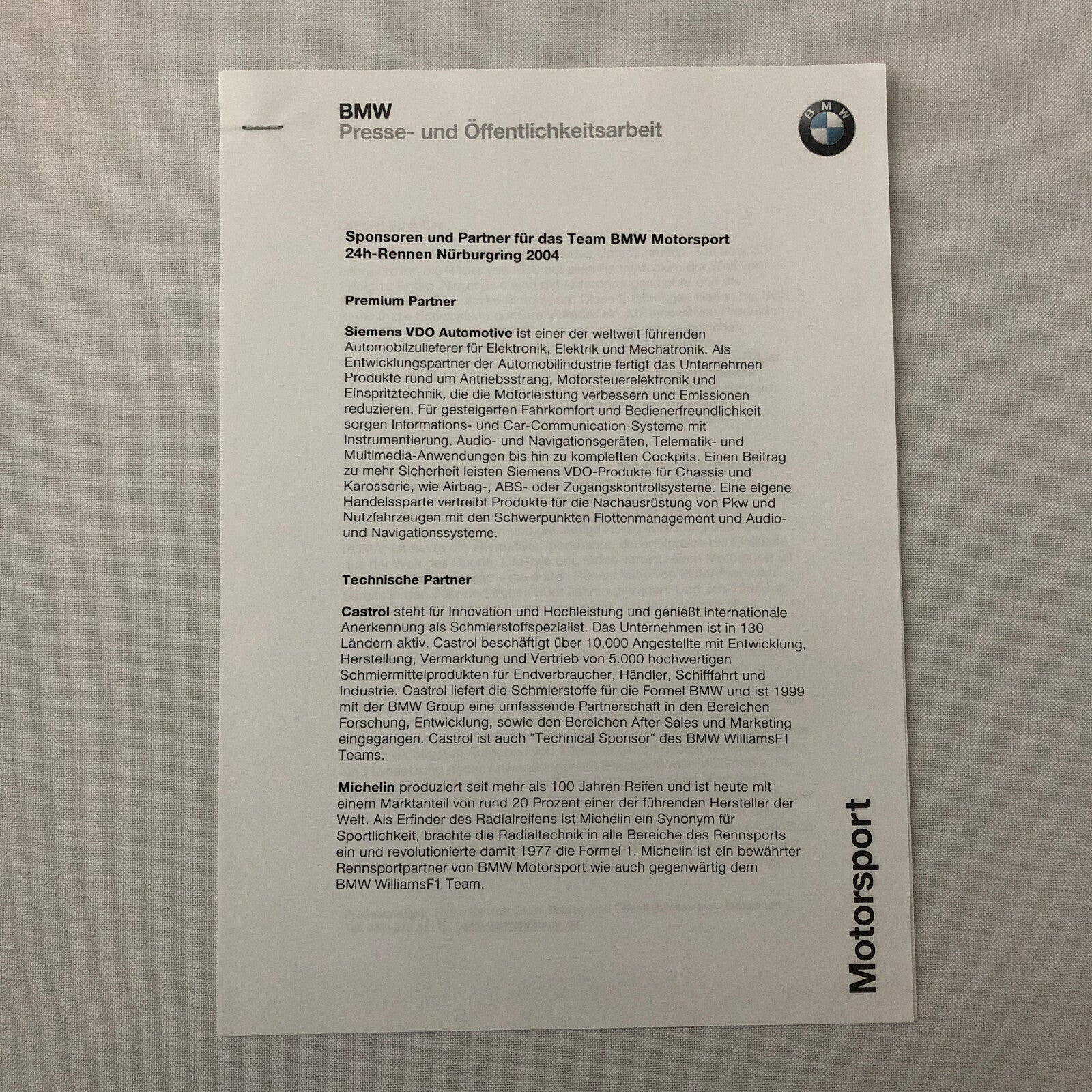 2004 BMW 24 Hour Rennen Nurburgring Race Racing Press Kit Brochure GERMAN 