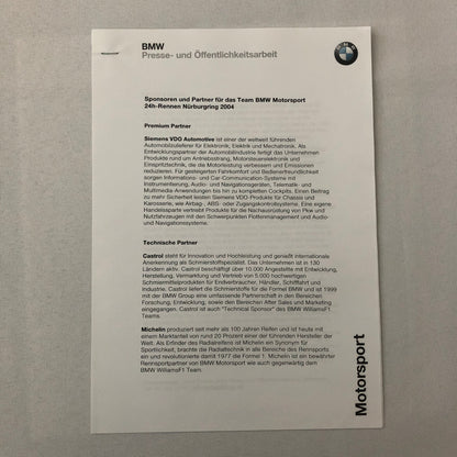 2004 BMW 24 Hour Rennen Nurburgring Race Racing Press Kit Brochure GERMAN 