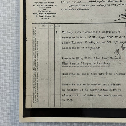 Fabrique Nationale FN Car Automobile Purchase Document Photograph Lot 2x