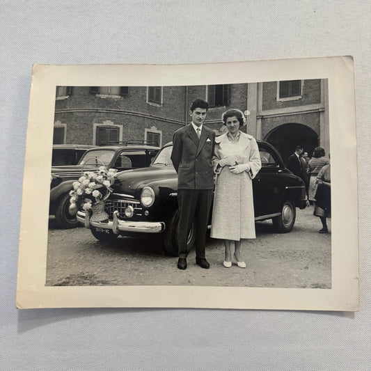 Vintage Wedding Photo Photograph Print European Automobile Car Couple Man Woman