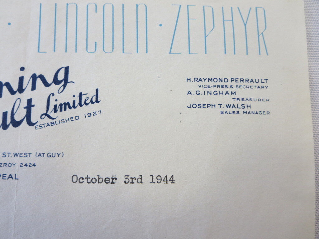 1944 1942 Ford Mercury Lincoln Zephyr Dealer Letter Letterhead Cumming Perrault