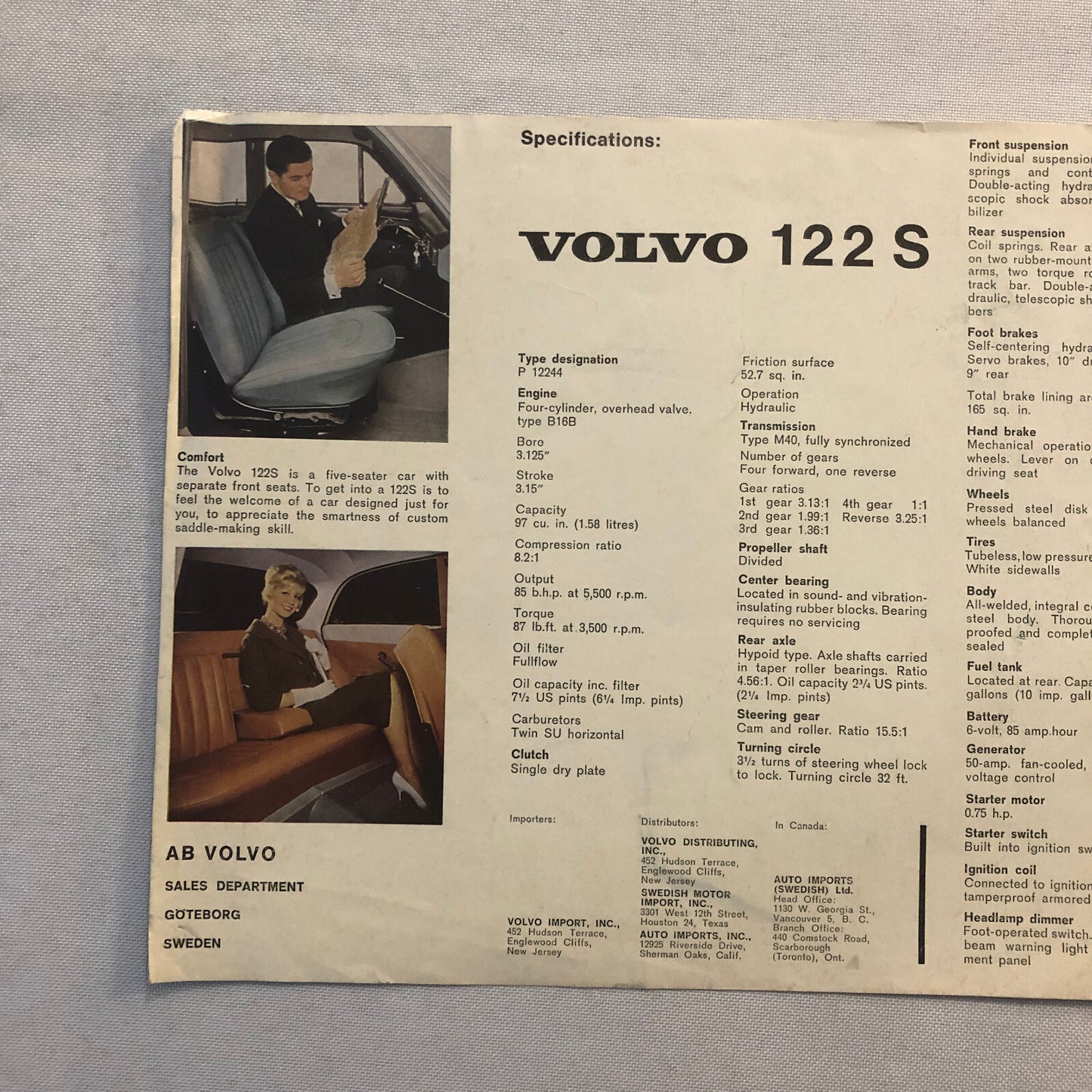 Vintage Volvo 122 S Car Automobile Sales Sheet Brochure Advertising