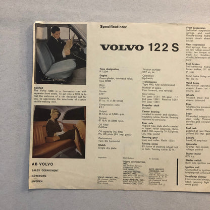 Vintage Volvo 122 S Car Automobile Sales Sheet Brochure Advertising
