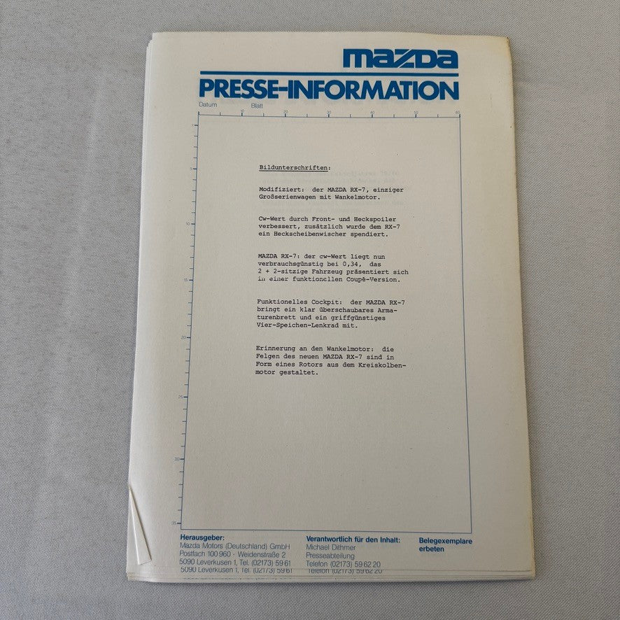 1981 Mazda RX-7 Press Kit Brochure Photos GERMAN Mazda RX7 RX 7 Sports Car