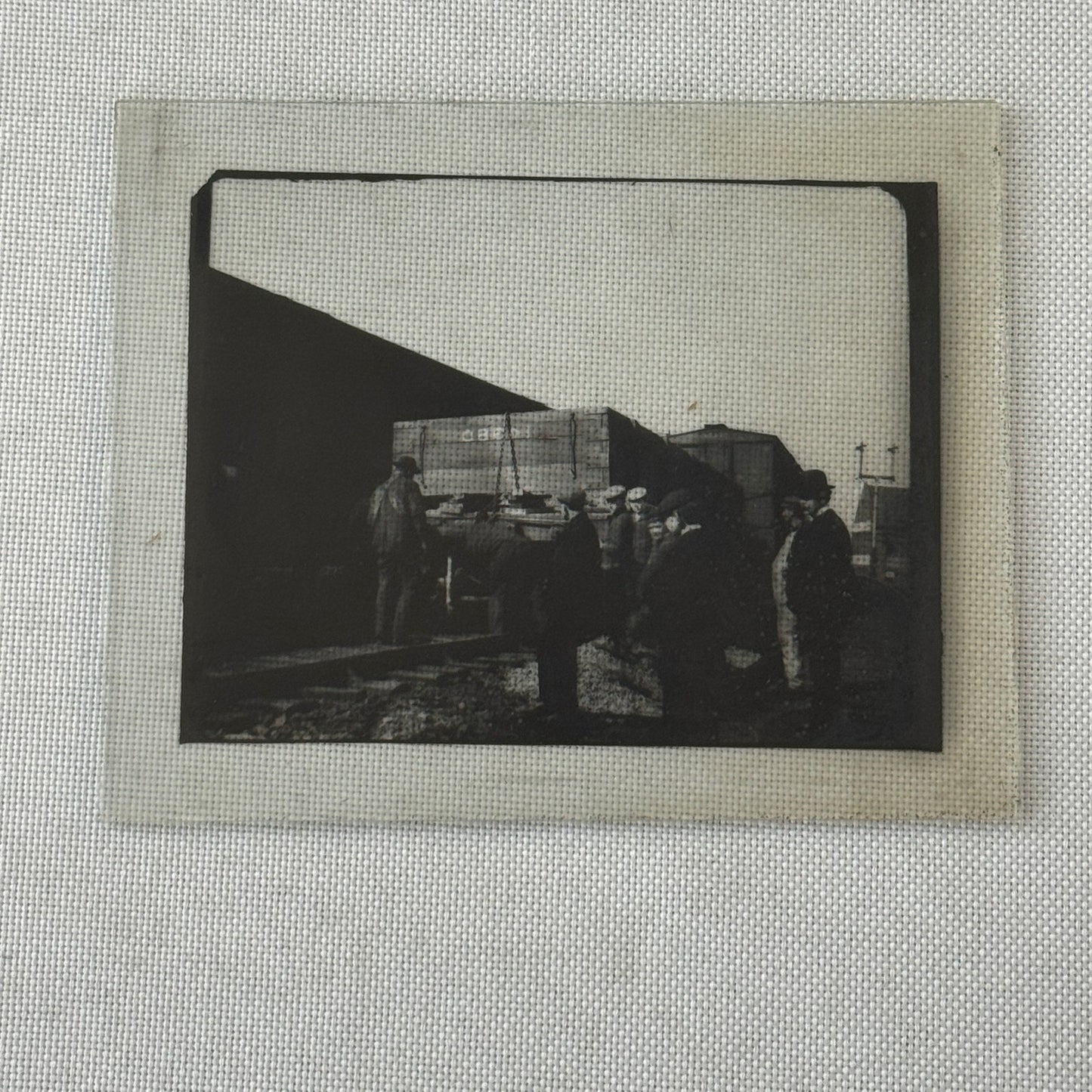 Antique Glass Plate Lantern Slide Photo Men with Train Railroad Railway