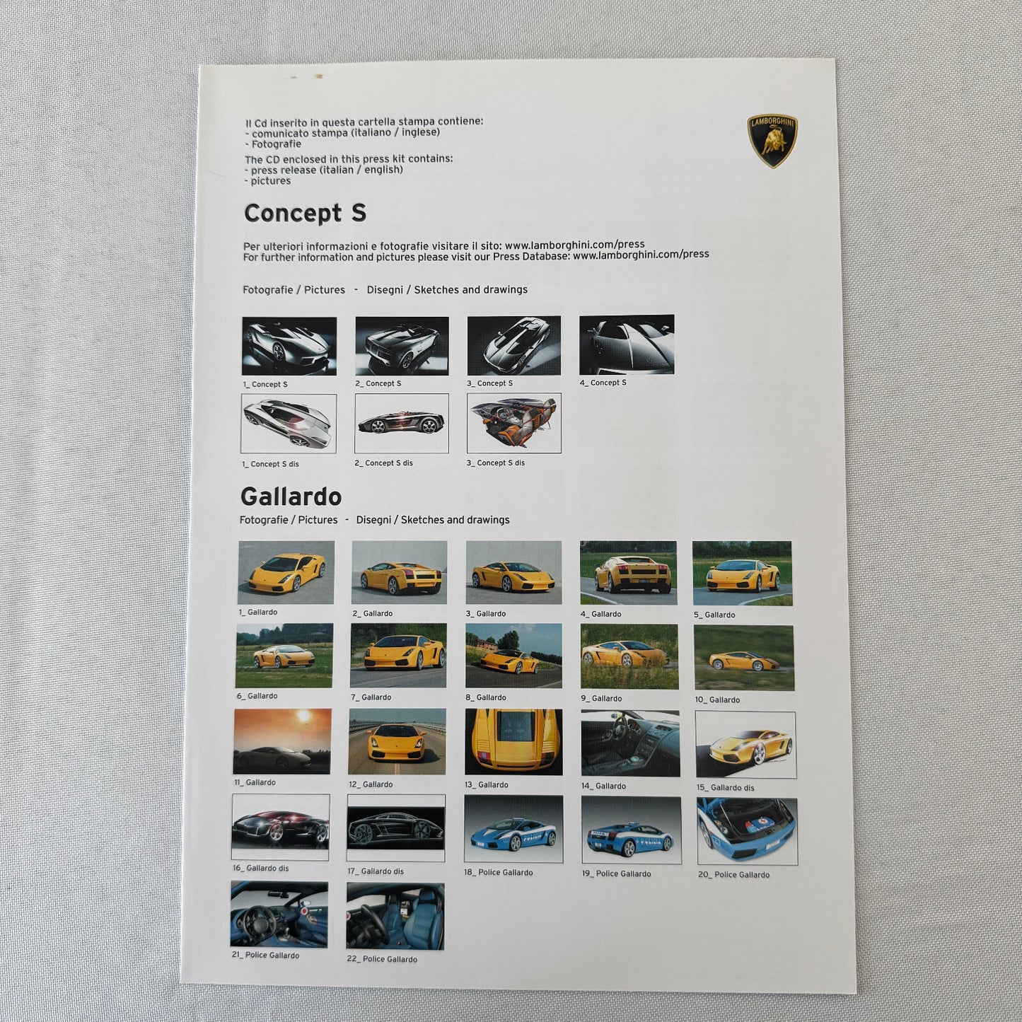 2005 Lamborghini Geneva Autoshow Press Kit Murcielago Concept S Gallardo