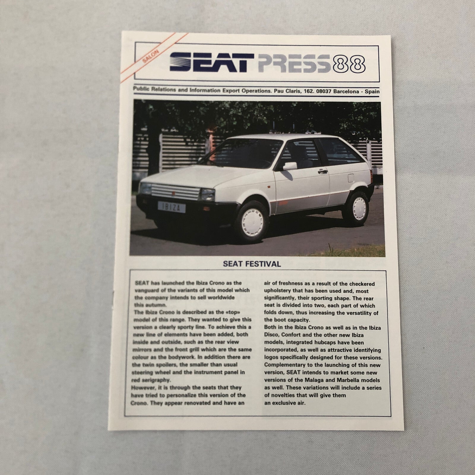 1988 SEAT Car Press KIt Marbella Ibiza Disco Malaga Premier Commercial Truck