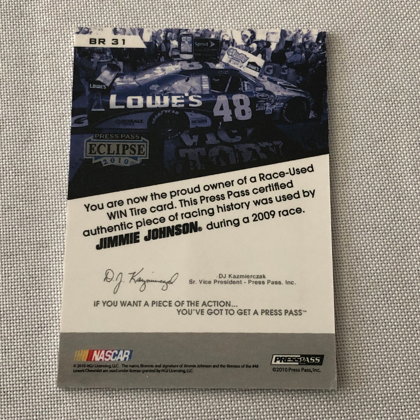 2010 Press Pass Eclipse Burning Rubber Tire Relic Card Jimmie Johnson #/50