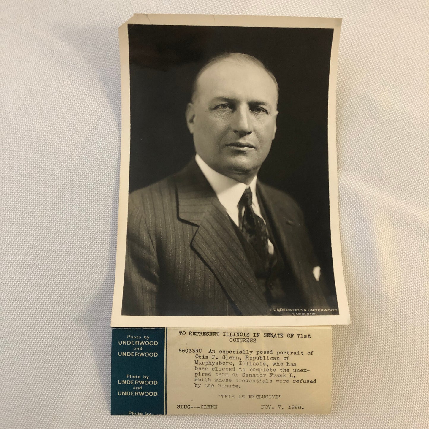 Press Photo Photograph Republican Senator Otis F Glenn Illinois Underwood 1928