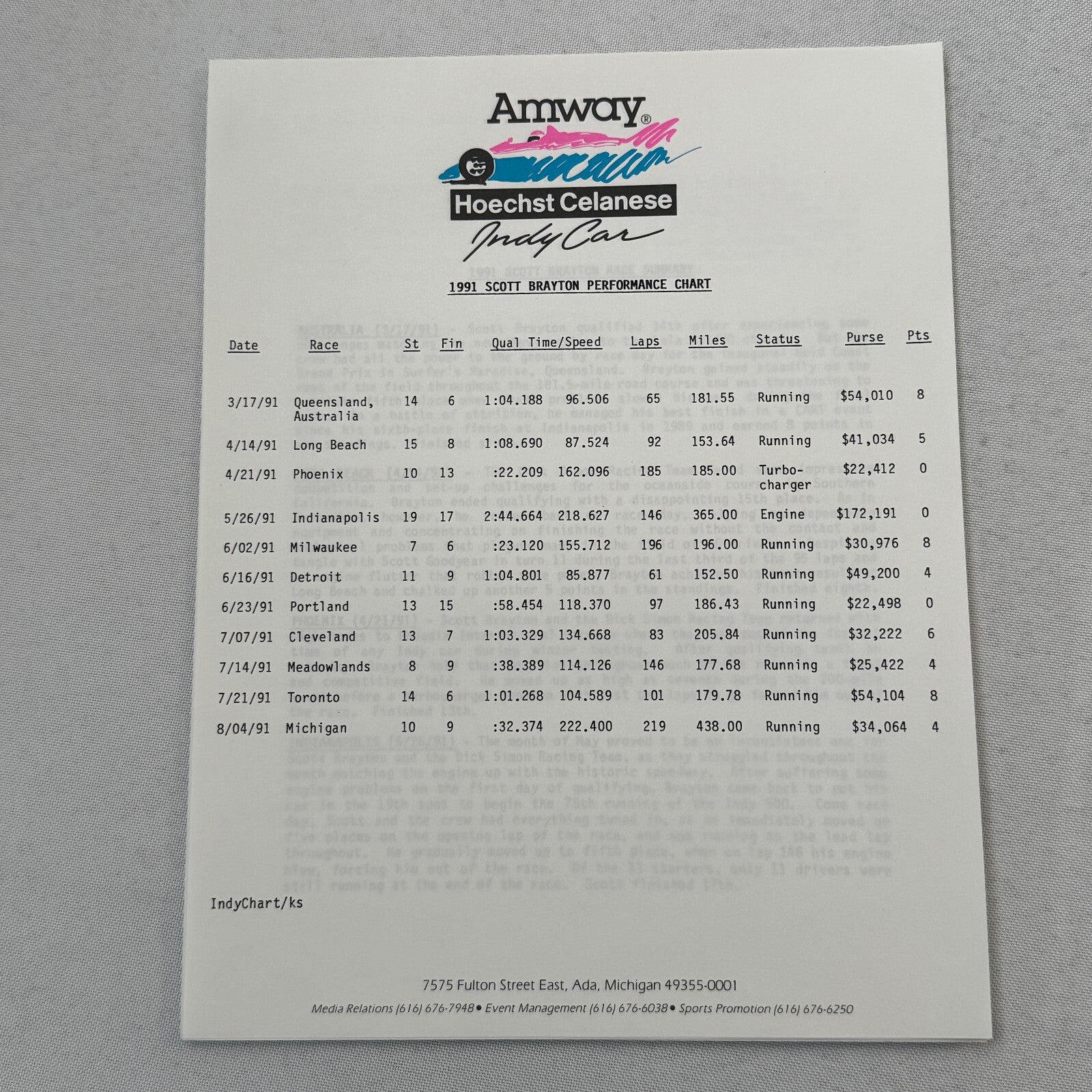 1991 Amway Indy Car Racing Press Kit Brochure Vintage Scott Brayton Driver