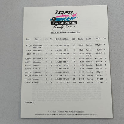 1991 Amway Indy Car Racing Press Kit Brochure Vintage Scott Brayton Driver