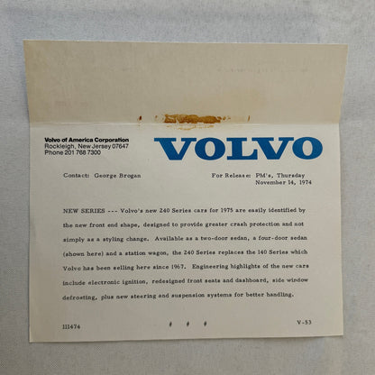 1975 Volvo Press Kit Brochure w/ Photos 164 240 Series Sedan Station Wagon 