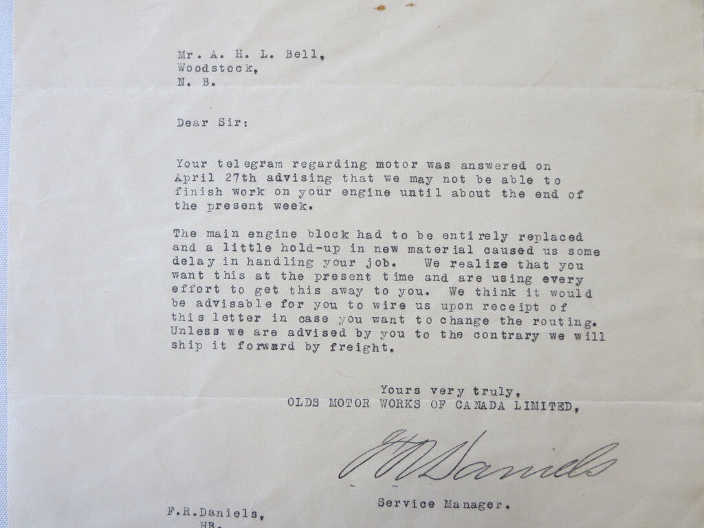 1923 Olds Motor Works of Canada Oldsmobile Factory Letter - Engine Repair Delay