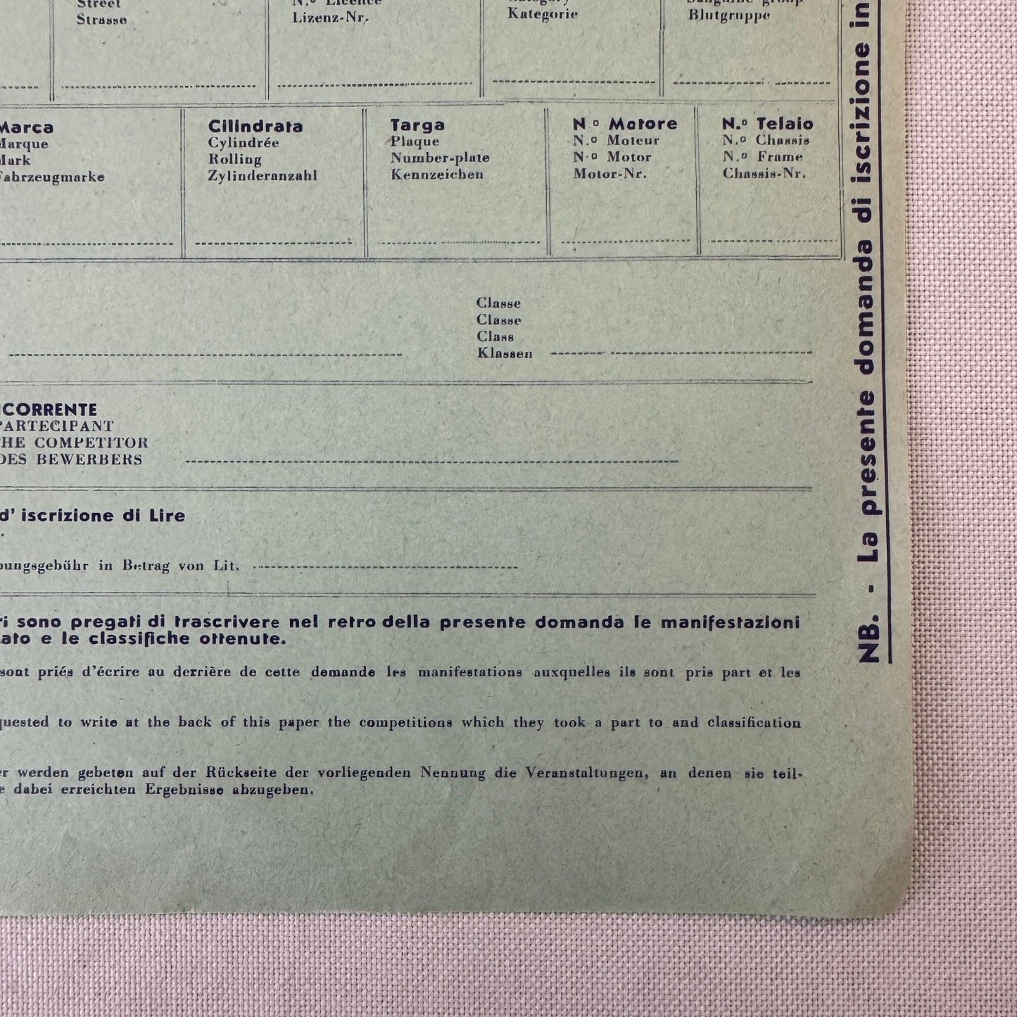 1961 Targa Florio Racing Race Application Form Document Vintage