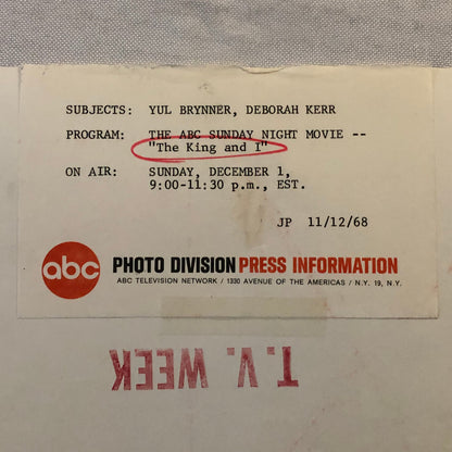 The King and I Yul Brynner Deborah Kerr ABC Television Press Photo Photograph