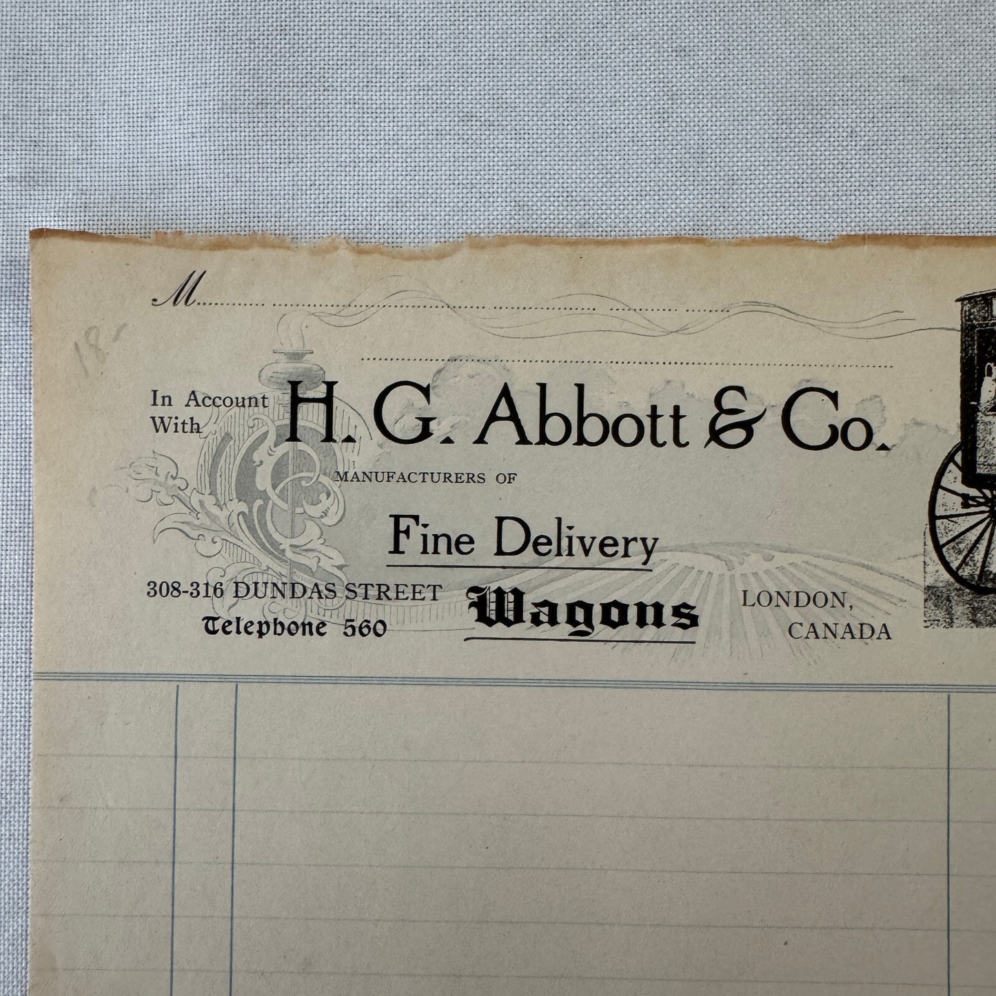 Antique HG Abbott & Co Delivery Wagon Invoice Document Ledger London Ontario