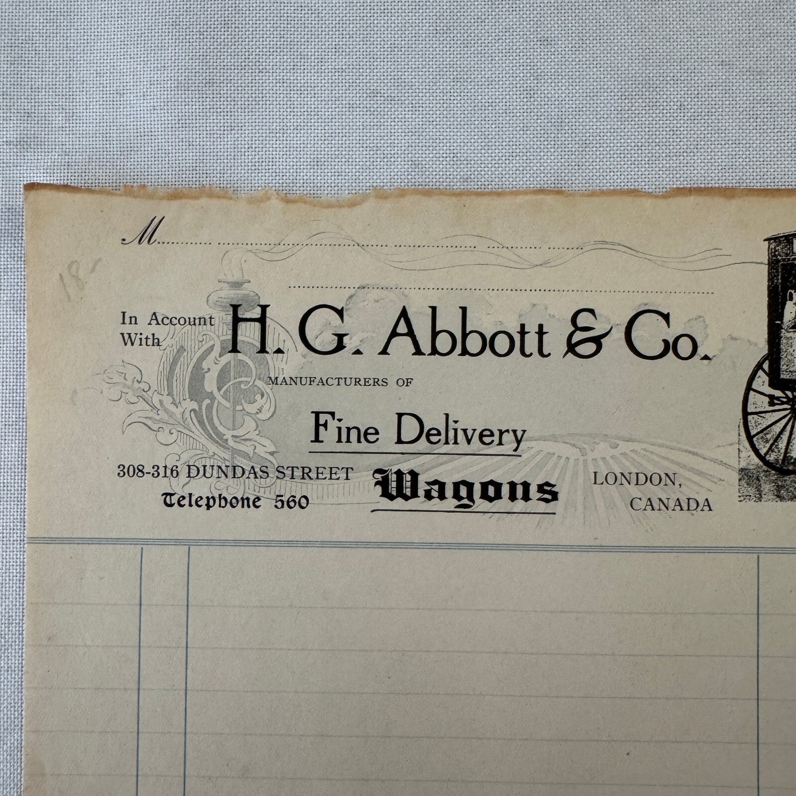Antique HG Abbott & Co Delivery Wagon Invoice Document Ledger London Ontario
