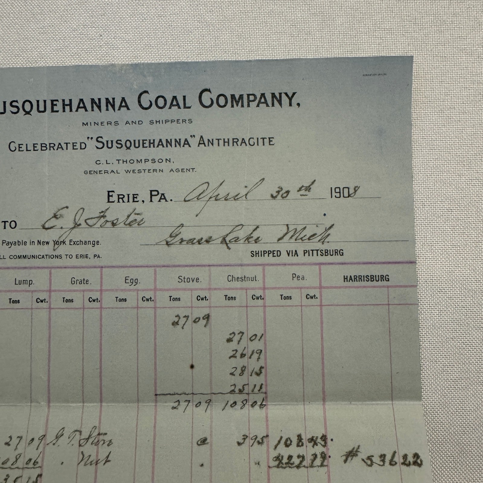 1908 Susquehanna Coal Company Invoice Receipt Document Lot 6x Erie Pennsylvania