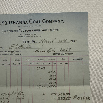 1908 Susquehanna Coal Company Invoice Receipt Document Lot 6x Erie Pennsylvania