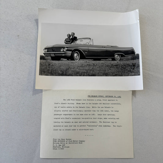 1962 Ford Galaxie 500 Sunliner Convertible Factory Press Photo Photograph Print