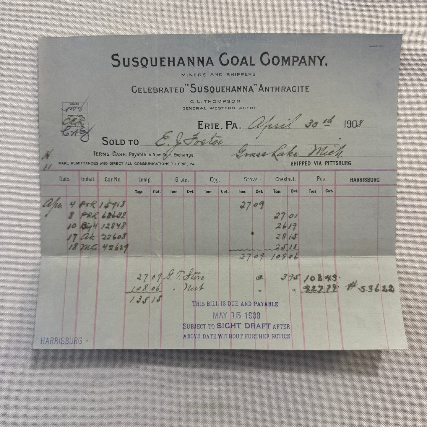 1908 Susquehanna Coal Company Invoice Receipt Document Lot 6x Erie Pennsylvania