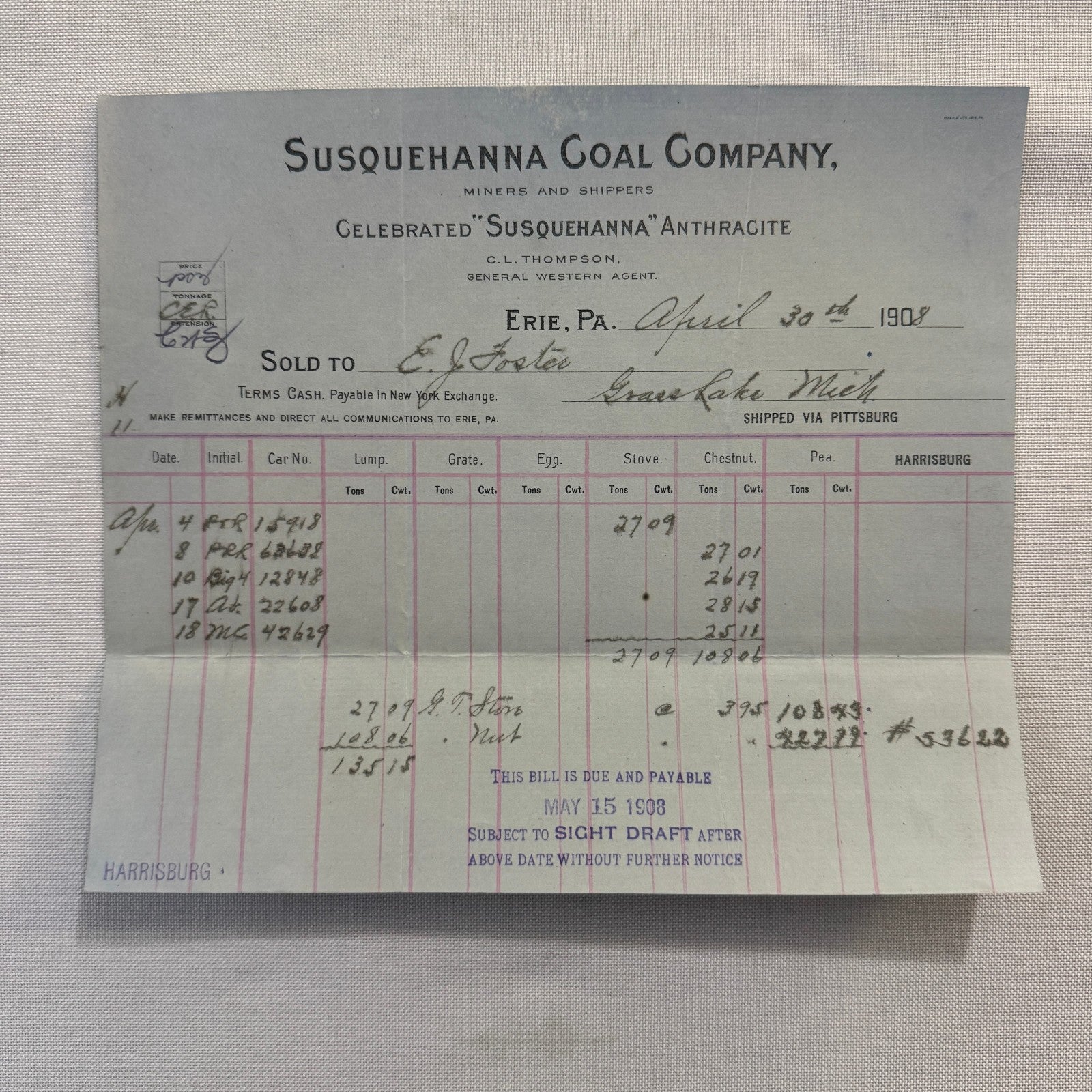 1908 Susquehanna Coal Company Invoice Receipt Document Lot 6x Erie Pennsylvania