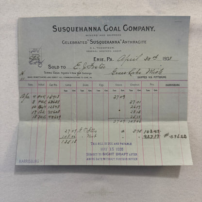 1908 Susquehanna Coal Company Invoice Receipt Document Lot 6x Erie Pennsylvania