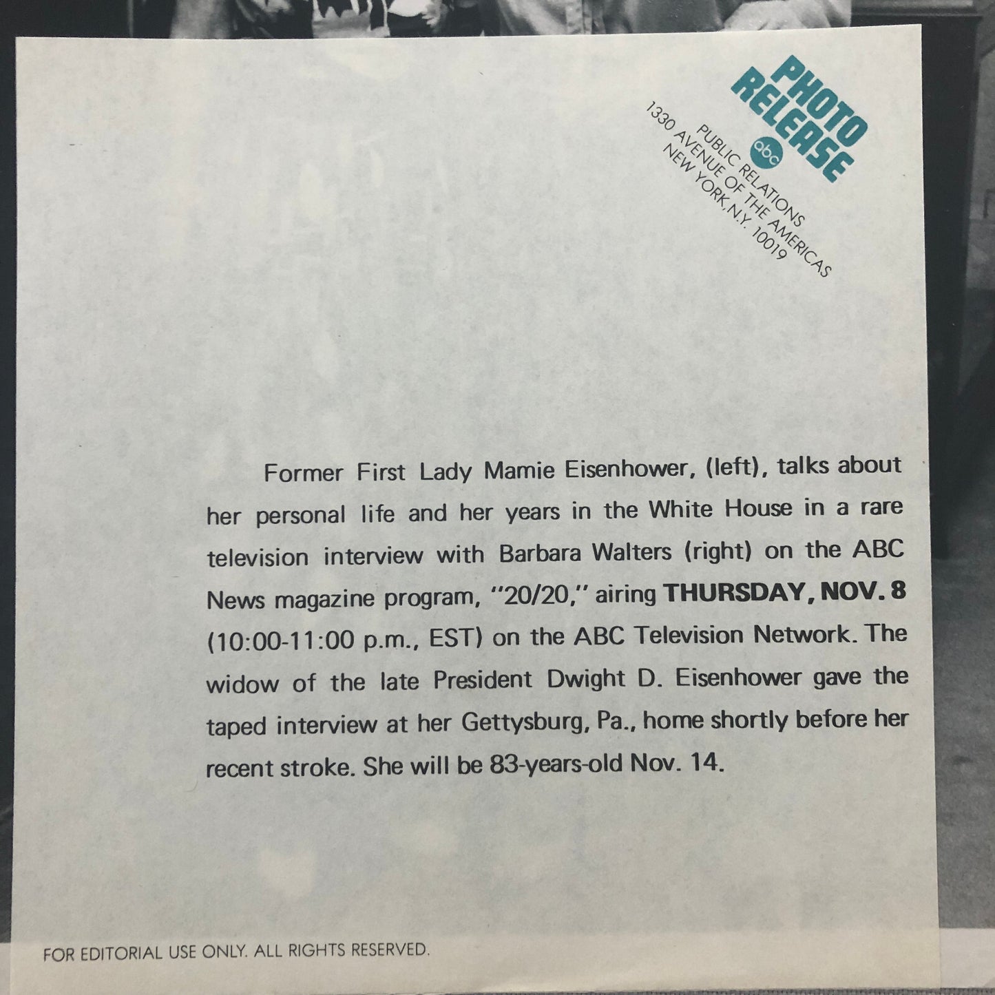 Barbara Walters Mamie Eisenhower First Lady ABC Television Photo Photograph