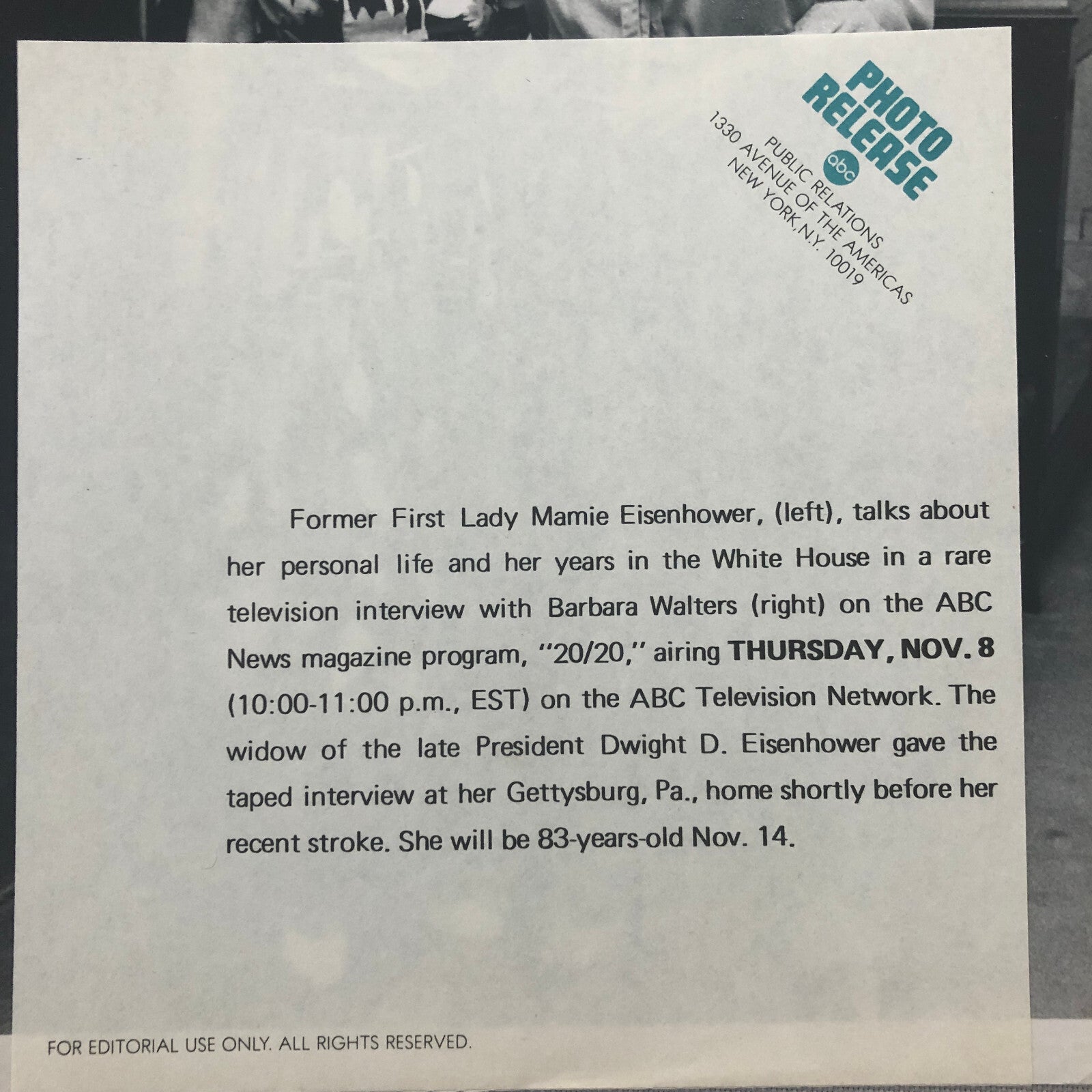 Barbara Walters Mamie Eisenhower First Lady ABC Television Photo Photograph