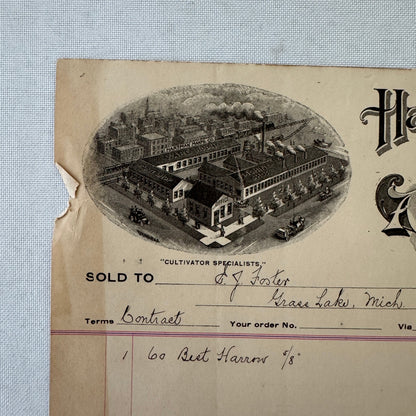 Hartman Manufacturing Company Agricultural Implements Document Receipt 1908