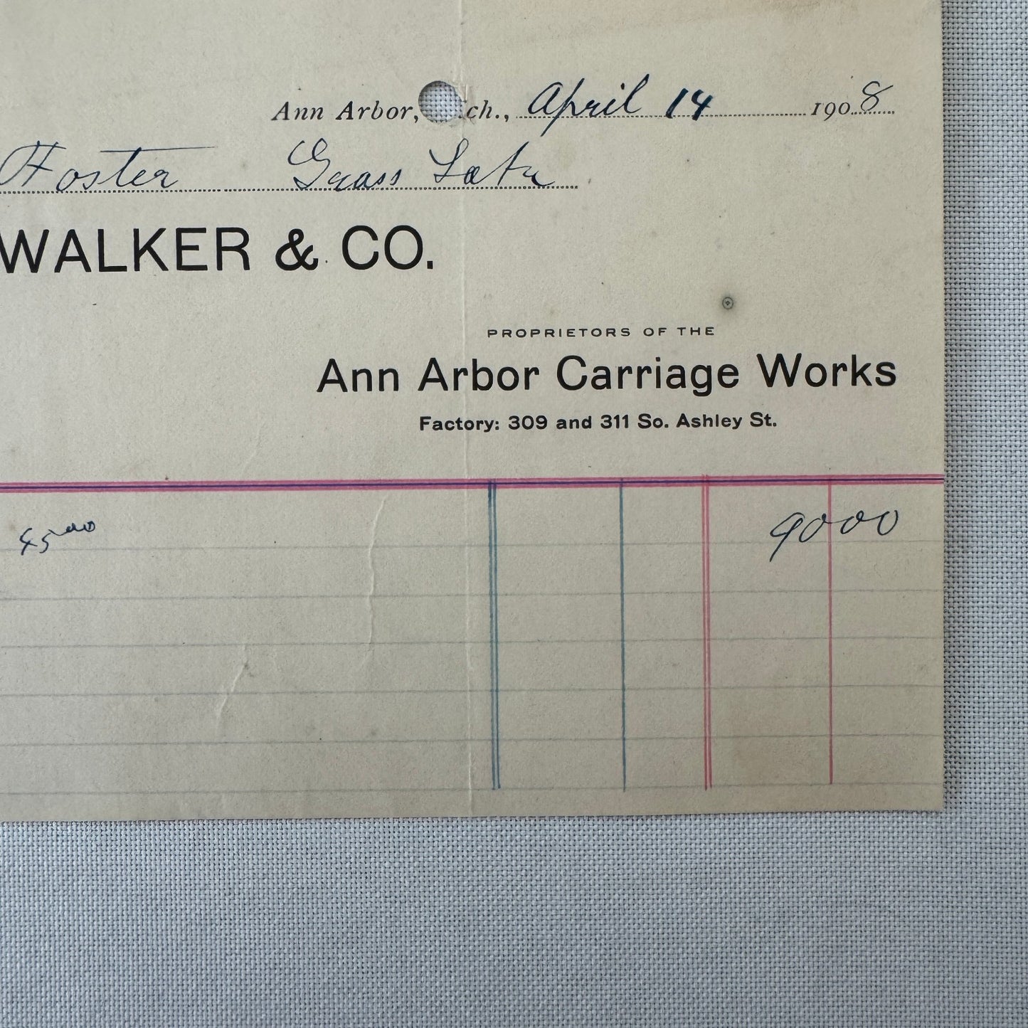 Walker and Company Receipt Letterhead Document 1908 Carriage Sleigh Ann Arbor MI
