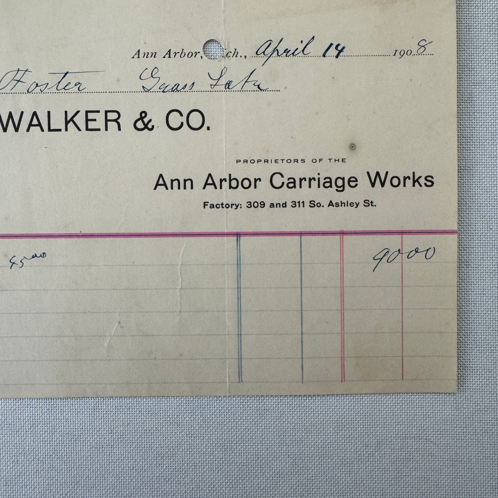 Walker and Company Receipt Letterhead Document 1908 Carriage Sleigh Ann Arbor MI