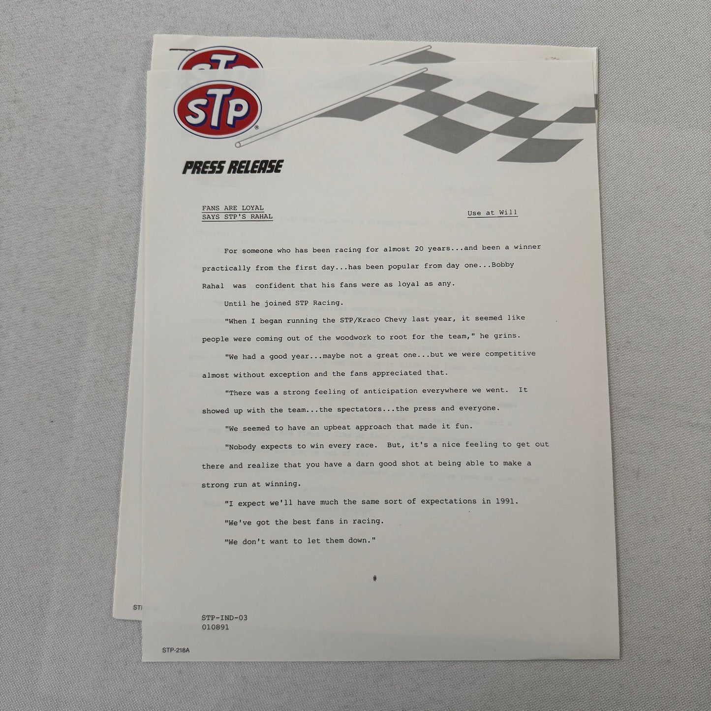 STP Racing Bobby Rahal Kraco Chevy Chevrolet CART PPG Racing Press Kit Brochure