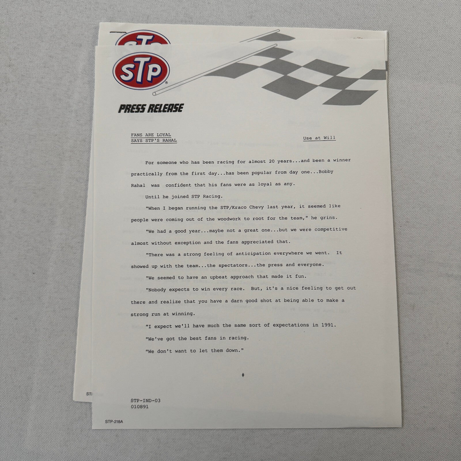 STP Racing Bobby Rahal Kraco Chevy Chevrolet CART PPG Racing Press Kit Brochure