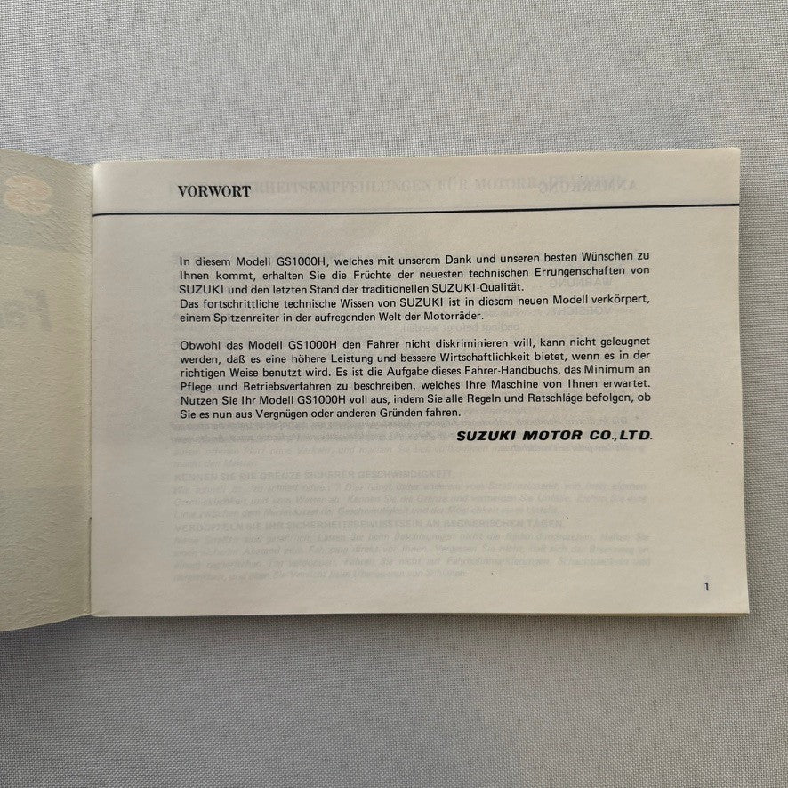 Vintage Suzuki GS1000H Motorcycle Bike Owners Manual Instruction Guide GERMAN